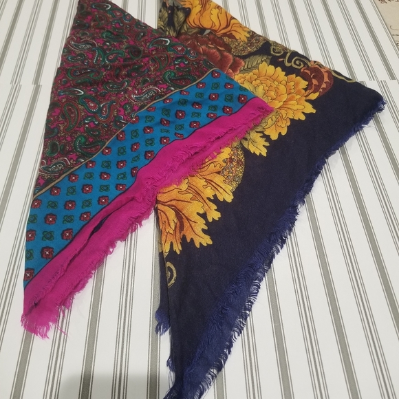 Bundle of Two Lightweight Floral Paisley Print Square Scarves in Pink & Blue - Picture 3 of 13